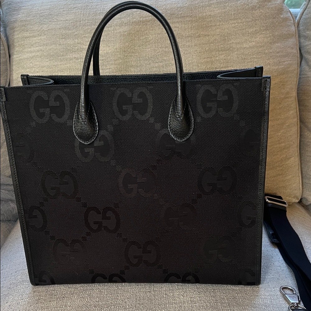 Gucci Black GG Jacquard Tote with Leather Handles